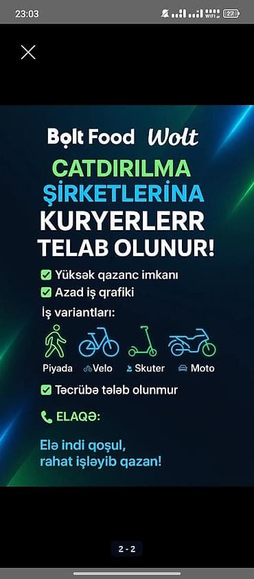 🚀 Bolt Food & Wolt çatdırılma şirkətlərinə kuryerlər tələb olunur! lalafo.az -da 🚀 Bolt Food & Wolt çatdırılma şirkətlərinə kuryerlər tələb olunur!