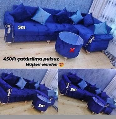 pufik: Mavi rəngli künc divan dəsti - Parlaq məxmər/velur tipli parçadan - — 1