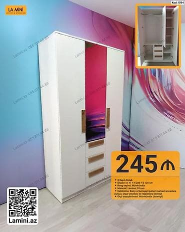 3 qapılı dolab – Kod: 1094 - Ölçülər: Dərinlik 47 sm × Hündürlük 200