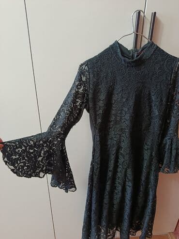 midi məxmər ətəklər: Qadın krujeva paltar - Rəng: qara - Material: tam krujeva üst qat — 2