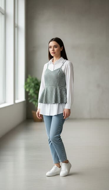 klassik qadın şalvarları: Məhsul: Qadın dəst - Ağ uzunqollu köynək + üstündən geyinilən yaşıl-ağ — 1