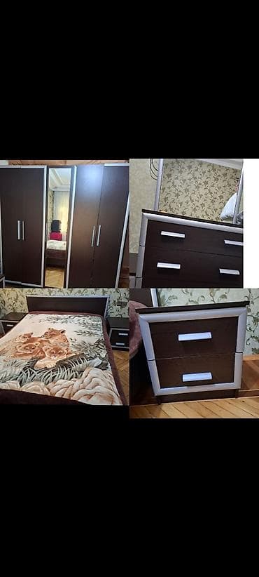 Двуспальная кровать, Трюмо, Тумба, Шкаф, Б/у — 1