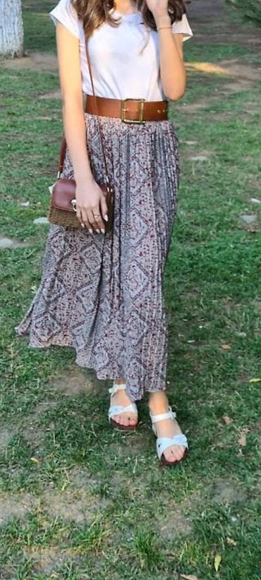 Bohem üslubunda uzun ətək - Model: yüksək belli, A-kəsim, pliselı