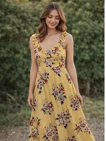 deri donlar: Sarı rəngli, çiçək naxışlı yay donu. - Model: uzun, A-kəsim siluet - — 2