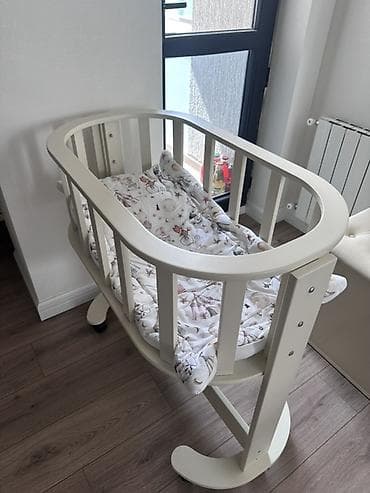 Детская мебель: Для девочки и мальчика, Овальная, Колыбель, С бортиками, С матрасом, С механизмом качания — 3