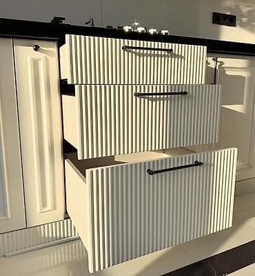 kuxna divanları: Klassik üslubda, ağ rəngli L formalı mətbəx mebel dəsti - Fasadlar — 5