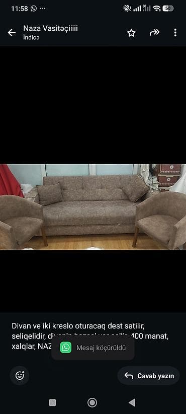 Divan ve iki kreslo oturacaq dest satilir, seliqelidir, divanin bazasi