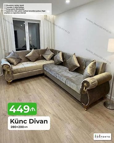 oturaca: Künc divan – 280×200 sm - Mexanizm: açılan, bazalı (yataq funksiyalı — 1
