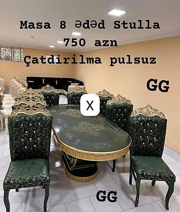 Zərif dizaynlı yemək dəsti: - 1 ədəd iri oval masa - 8 ədəd stul