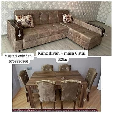 Künc divan + masa və 6 stul dəsti - Künc divan: L formalı, rahat