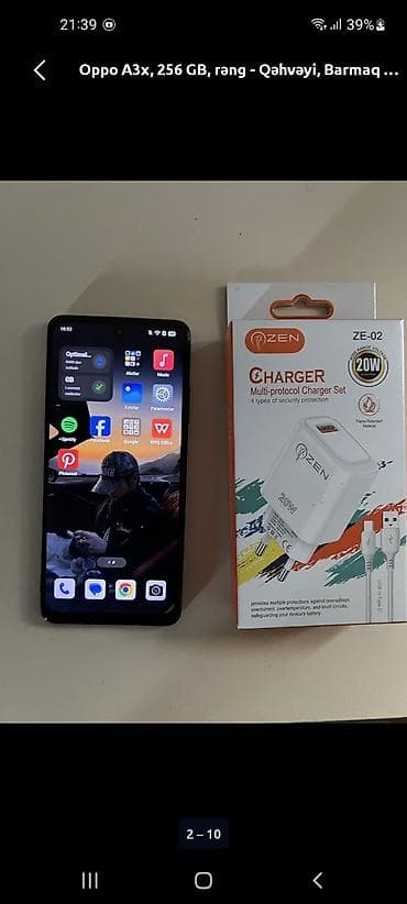 type c adapter: Oppo A3x, 256 GB, rəng - Qəhvəyi, Barmaq izi — 3