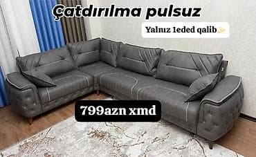 masa ev: Künc divan – müasir dizayn, boz rəng, dekorativ tikiş və düymə — 1