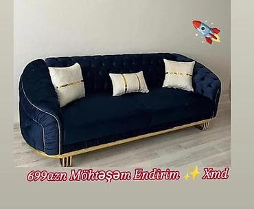 dəri parça: Möhtəşəm klassik-modern dizaynlı 3 nəfərlik divan - Dərin lacivərt — 1