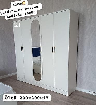 Ağ rəngli 4 qapılı şkaf – ortada ensiz, oval formalı güzgülü qapı ilə