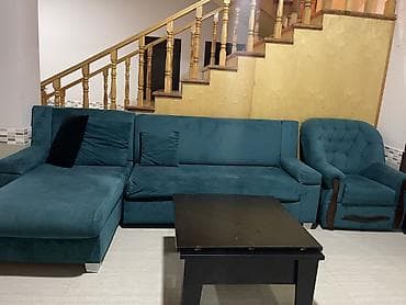 cuce su qabi: Künc divan dəsti + kreslo + orta stol - Rəng: tünd firuzə/teal - — 2