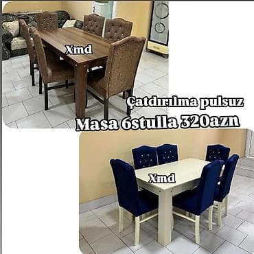 dosek matras satisi: 6 nəfərlik yemək masası dəsti - Komplekt: 1 masa + 6 yumşaq — 8
