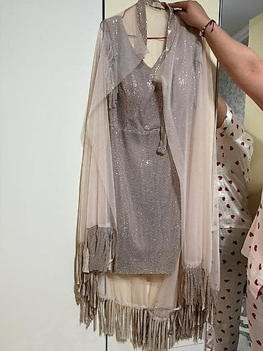 qisa donlar: Payetli ziyafət dəsti – geyim və şal - Rəng: açıq şampan/qəhvəyi — 2