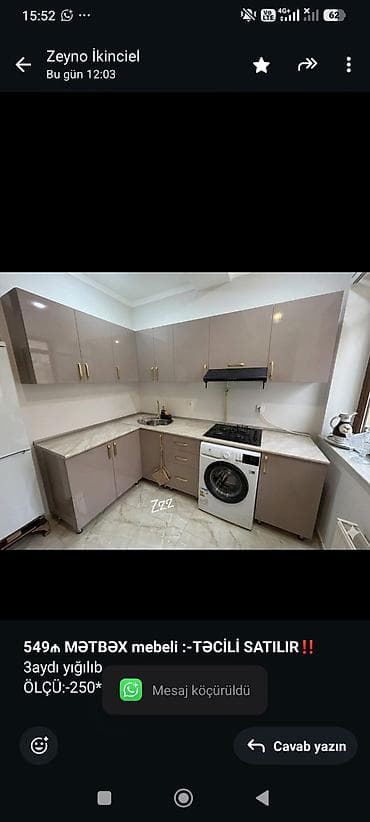 12 neferlik stol: *549₼ MƏTBƏX mebeli :-TƏCİLİ SATILIR*‼️ 3aydı yığılıb ÖLÇÜ:-250*150 — 1