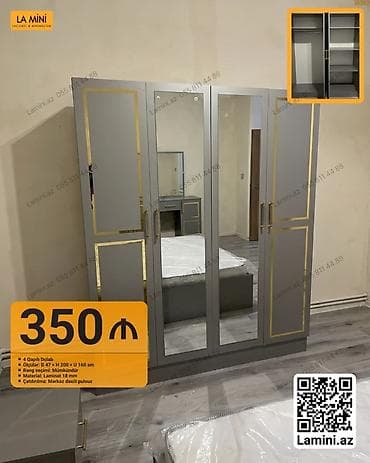 4 двери, С зеркалом, Серый, Другой материал, Распашной, Прямой шкаф at lalafo.az 4 двери, С зеркалом, Серый, Другой материал, Распашной, Прямой шкаф