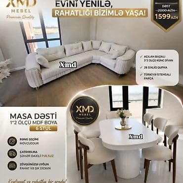 divan sekilleri: MDF boyalı yemək masası dəsti – 6 stul ilə - Masa ölçüsü: 1×2 m - — 8