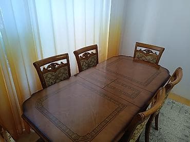 stol: Qonaq otağı üçün, İşlənmiş, Açılan, Dördbucaq masa, 6 stul — 5