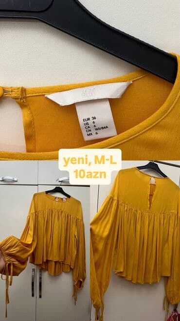 - H&M bluz: hardal rəng, axıcı kəsim, arxası düyməli açıq detal