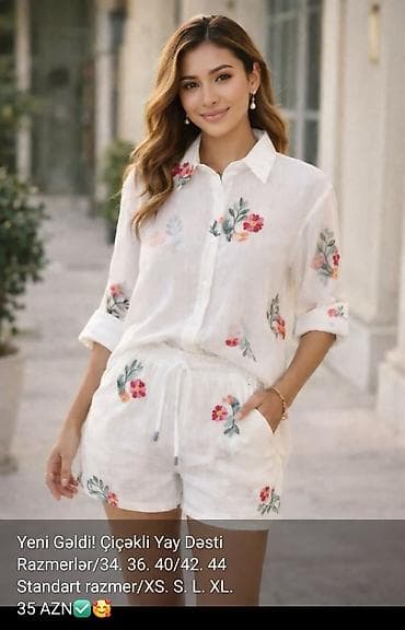 Çiçək naxışlı yay dəsti – köynək və şort komplekti - Rəng: ağ əsas