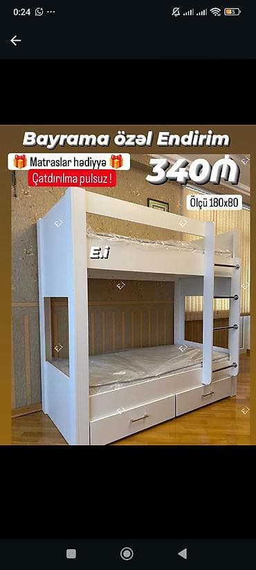 usag ucun: İki mərtəbəli çarpayı – ağ rəngdə, kompakt və funksional model. - — 1