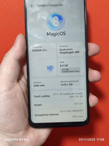 Mətbəx texnikası: Honor X7c, 256 GB, rəng - Qara, Sensor — 5