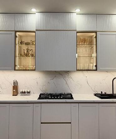 plastik ayna qapi: Mətbəx mebeli – L formalı, müasir klassik dizayn - Üst-altar — 4