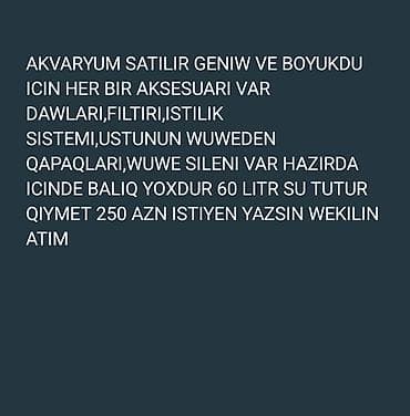 heyvan: Akvaryum – geniş və böyük ölçü - Həcmi: 60 litr su tutur - Komplekt — 1