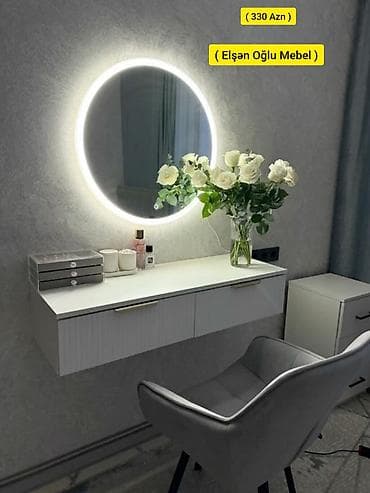LED işıqlı dairəvi güzgülü makiyaj masası dəsti - Divara montaj