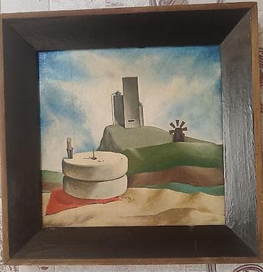 quş şəkilləri: Yağlı boya tablo – “Dəyirman mənzərəsi” 1980 il - Əl işi orijinal — 1