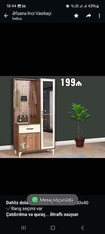 *Dəhliz dolabı 199Azn 💥* ölçü 90x200x40 ✔️Rəng seçimi var — 1