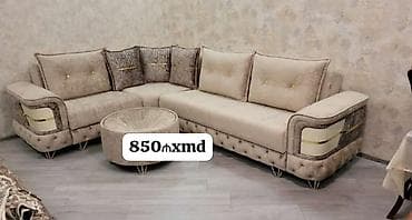 salon divanlar: Künc divan dəsti - L formalı künc divan və eyni dizaynda dairəvi puf — 1