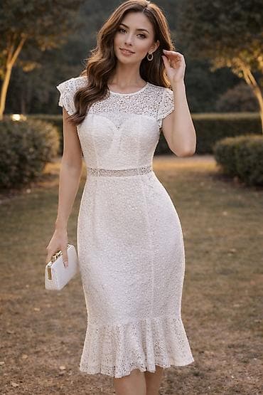 Ağ krujeva midi don - Rəng: krem/ağ - Material: krujeva (üzəri