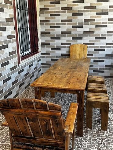heyet stolari: Rustik massiv ağacdan bağ/teras mebel dəsti Tərkib: - 1 ədəd böyük — 7