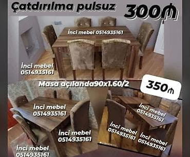 Qonaq otağı üçün, Yeni, Açılmayan, Dördbucaq masa, 6 stul