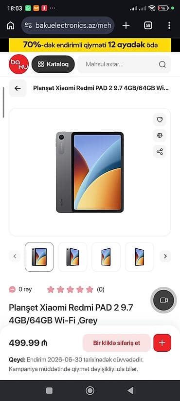 Planşet Xiaomi Redmi Pad 2, 9.7" ekran, 4GB RAM/64GB yaddaş, Wi‑Fi