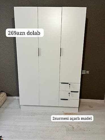 paltar wkaflari: 3 qapılı, Siyirməli, Ağ, Taxta, Açılan, Düz dolab — 2
