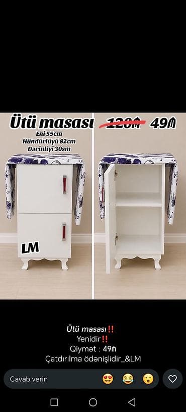 utu masa: Ütü masası – şkaflı model Variant 1: - Ölçülər: eni 55 sm, hündürlüyü — 1
