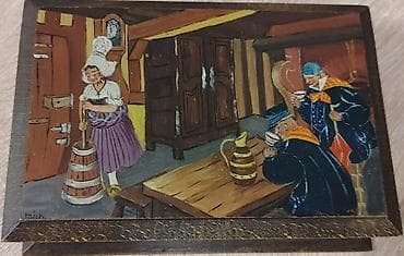 Müəllif rəsmi olan taxta əl işi şkatulka, vintaj qapağında əl ilə