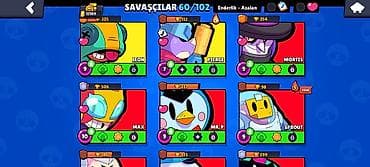 kohne pullar: Brawl Stars hesabı – 60/102 döyüşçü - Kolleksiya: 60 döyüşçü açıq — 10