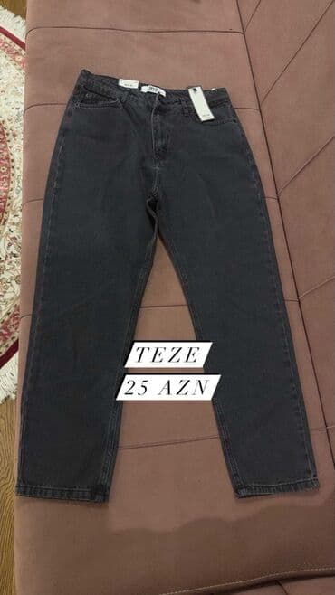 enli qadın şalvarları: Qara rəngli denim şalvar - Model: düz kəsim, yüksək belli - Material — 1