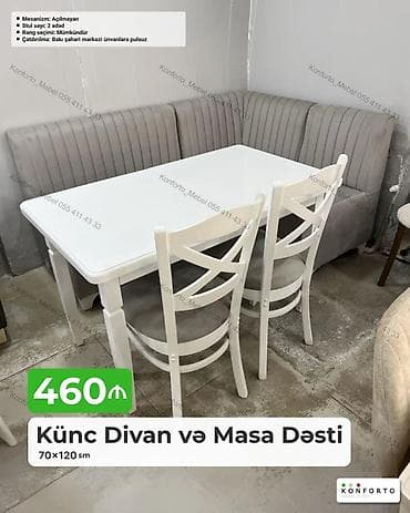 Künc Divan və Masa Dəsti - Ölçü: Masa 70 × 120 sm - Komplekt: künc