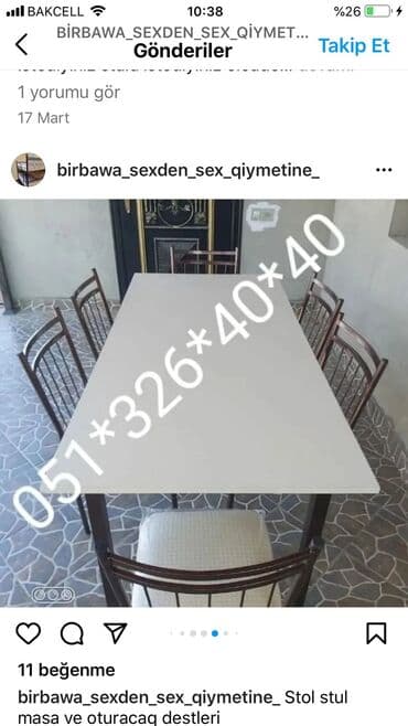 Masa və oturacaq dəstləri: Qonaq otağı üçün, Yeni, Açılan, Dördbucaq masa, 10 stul — 6