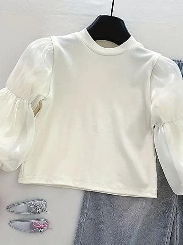 yeni model şalvarlar: Qız uşaqları üçün 3 hissəli dəst - Dəst: 1) Ağ bluz, 2) Cins jilet — 3