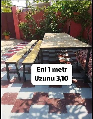 Dördbucaq masa, 2 stul, Açılmayan, Skameykalar ilə, Metal