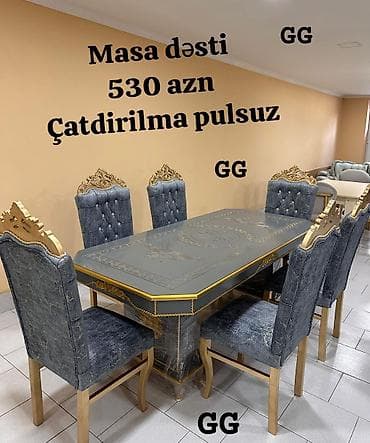 sovde az mebel: - Masa dəsti: 1 düzbucaqlı stol + 6 stul - Rəng: tünd boz/çəkmədaş — 1