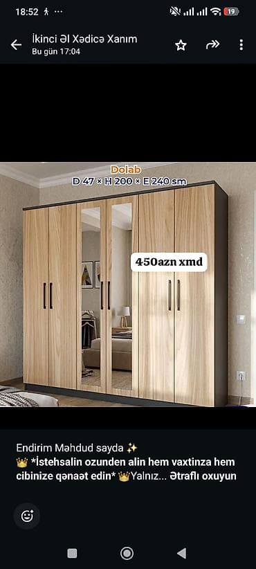 tibbi ref: Dolab – 6 qapılı, güzgülü model Ölçülər: Dərinlik 47 sm × Hündürlük — 2